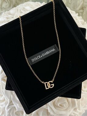 Dolce & Gabbana Gold DG Crystal embellised Pendant Necklace Authentic new in box